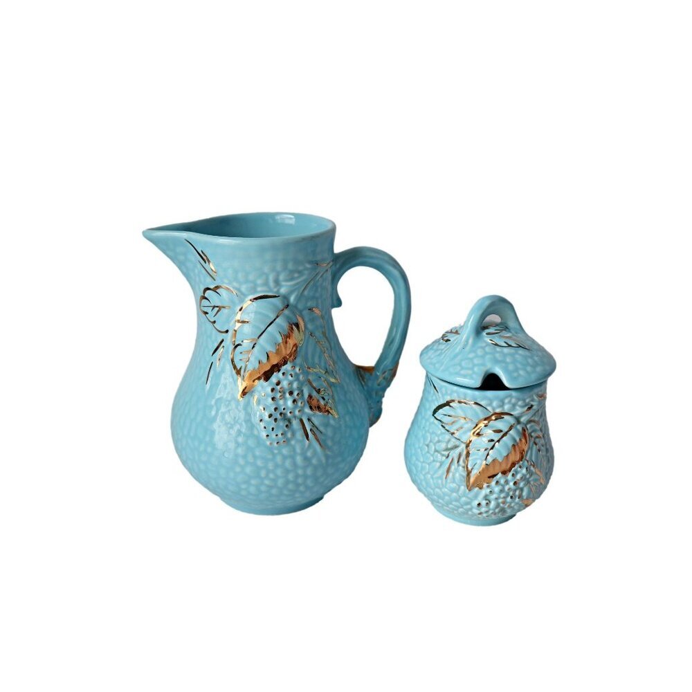 Vintage Wade Golden Turquoise Large Milk Pitcher & Covered Sugar Bowl England